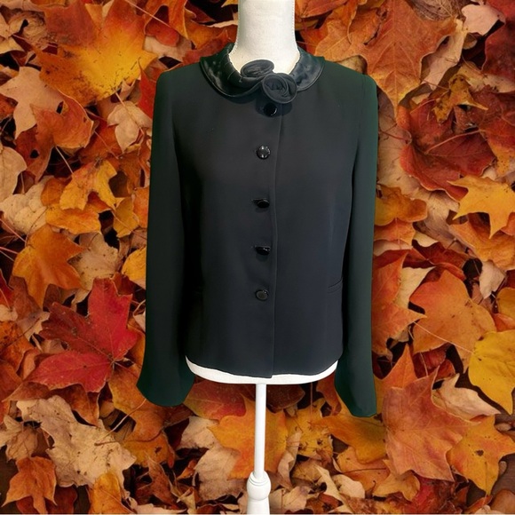 Armani Collezioni Black 100% Silk Button-Up Blazer with Rose Accent Collar Sz 14